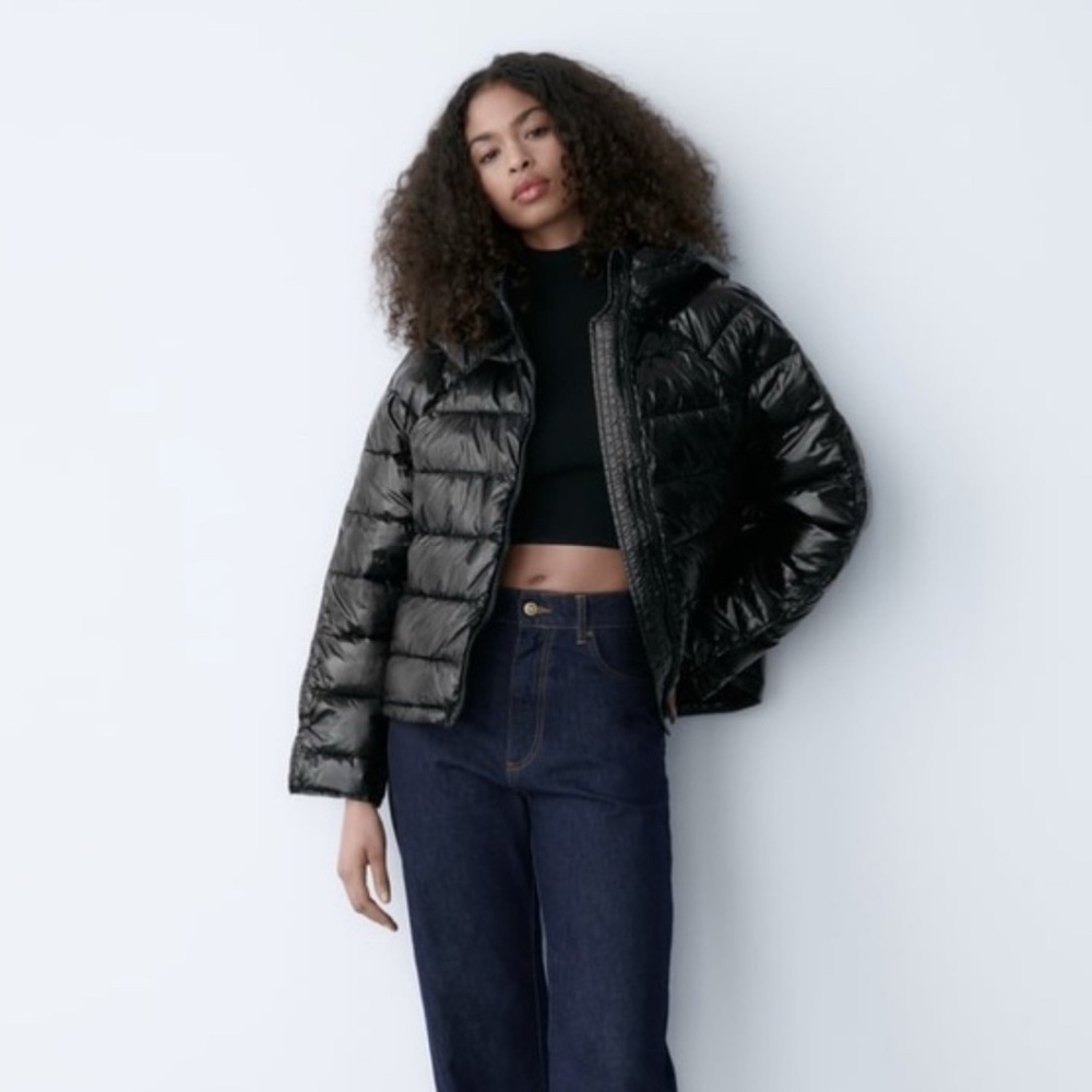 Zara Black Water Repellant Slicket Puffer  Jacket Size Large